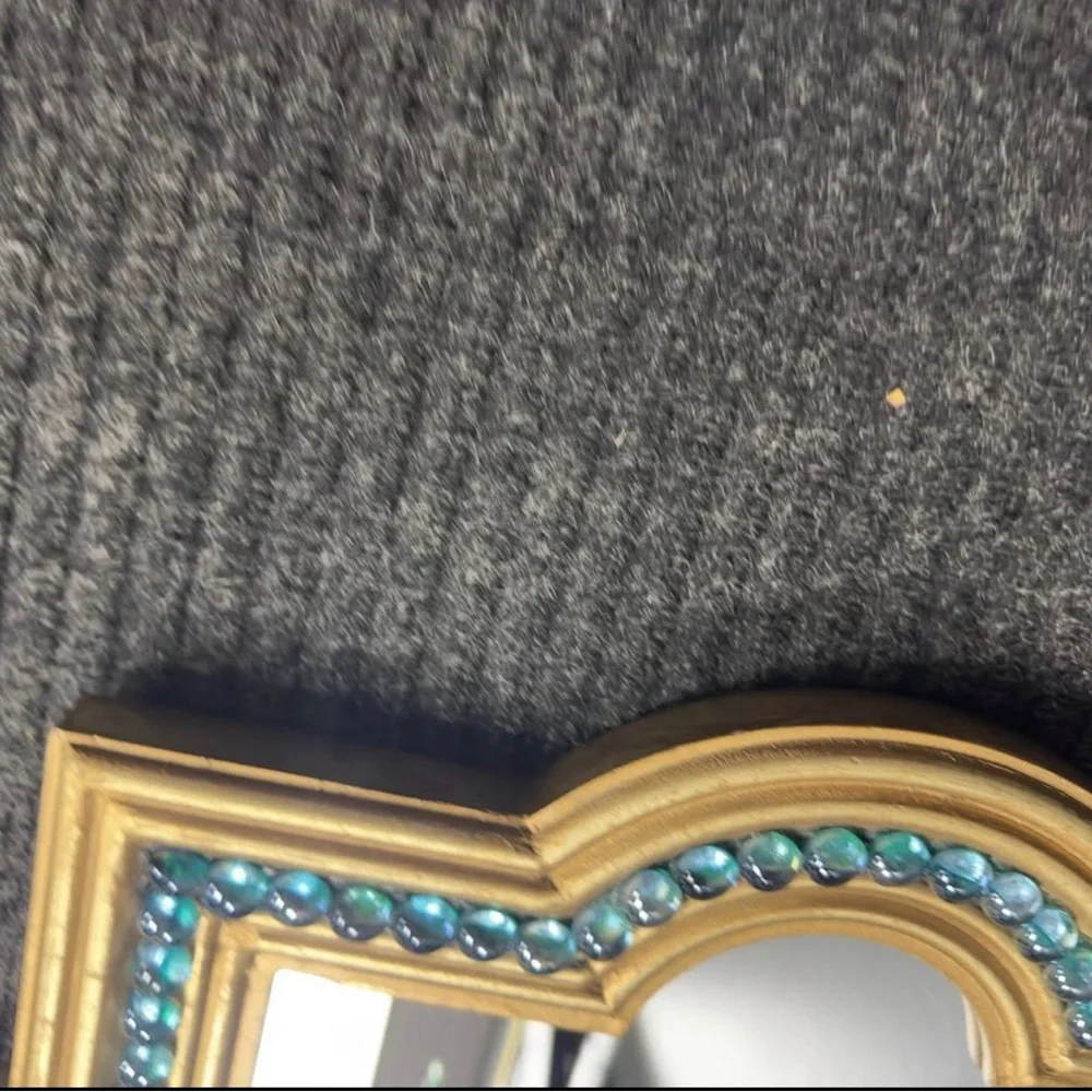 Vintage 90s Era Quatrefoil Gilt Wood and Blue Glass Accent Mirror 12”x 12”